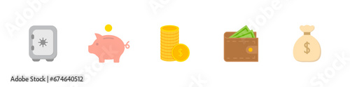Business and finance icon set. Safe, coin stack, wallet, piggy bank, and bag of money. Vector EPS 10