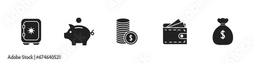 Business and finance icon set. Safe, coin stack, wallet, piggy bank, and bag of money. Vector EPS 10