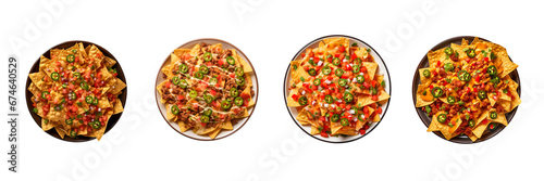 Set of Plate Of tasty spicy Mexican nachos top view isolated on transparent or white background