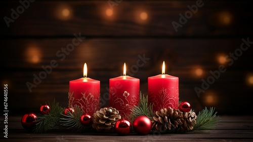 Advent Candles Burning in Red Wreath - Traditional Christmas Symbolism