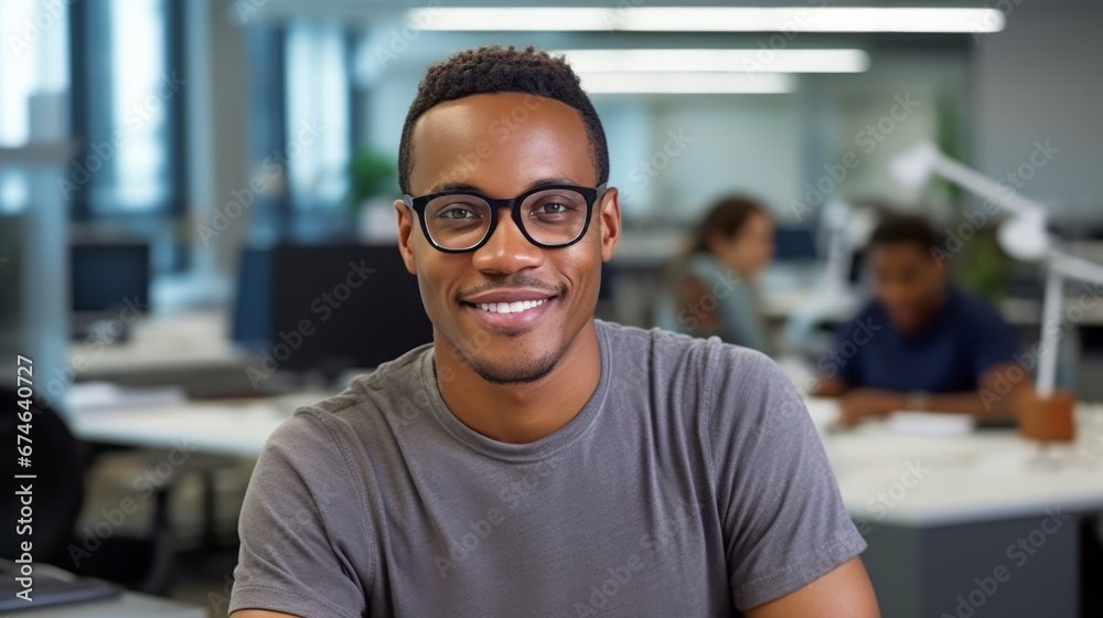 Black businessman in casual wear glasses in nice modern office. Man Look at the camera and smile. Concept of success in business. Ai generative. - obrazy, fototapety, plakaty 