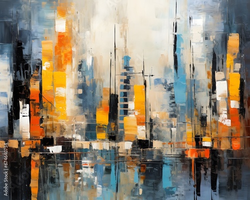 abstract painting of a cityscape with blue and orange tones.