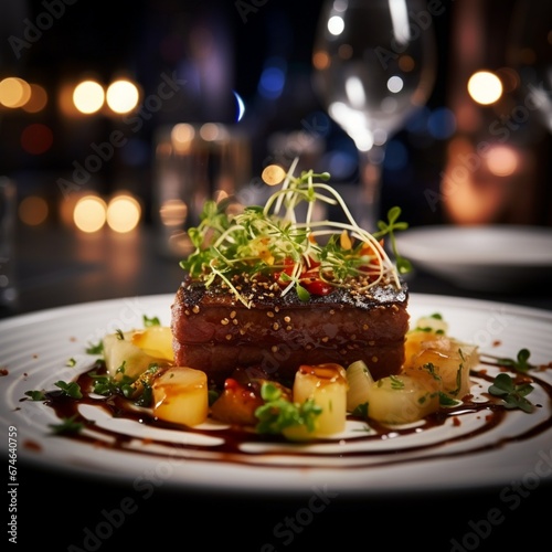 Close up to delicious gourmet dish with bokeh lights of elegant restaurant as background