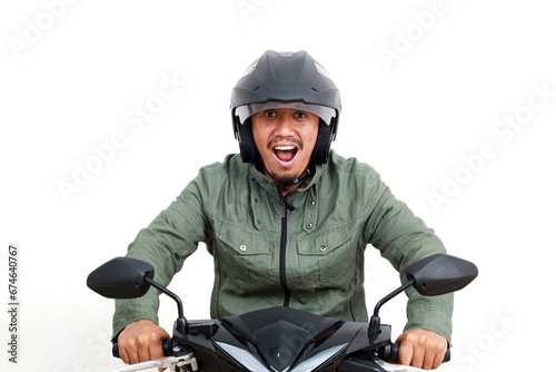 Wow expression of asian man riding a motorcycle. Isolated on white background