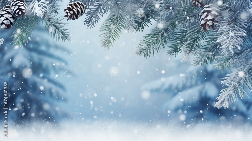 Snowy Winter Christmas Background with Fir Branches for Seasonal Greetings and Designs