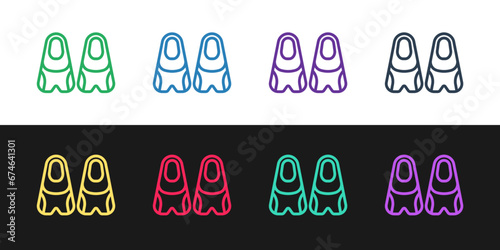 Set line Rubber flippers for swimming icon isolated on black and white background. Diving equipment. Extreme sport. Diving underwater equipment. Vector