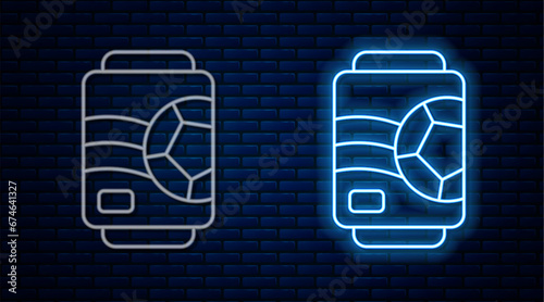 Glowing neon line Beer can icon isolated on brick wall background. Vector