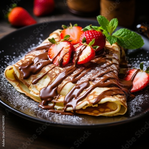 Crepes with chocolate and strawberries on the plate