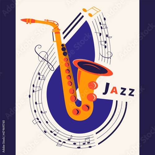 Music poster with saxophone and sheet music. Geometric composition. Blue, light blue, yellow, coral color. For banners, invitation