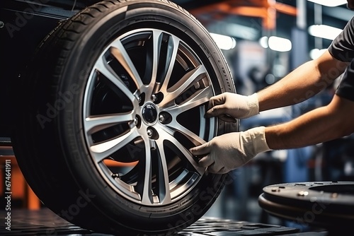 A mechanic changing tires in an automotive service center