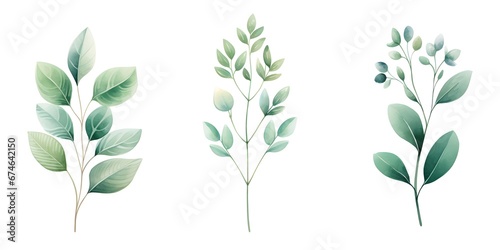 three different types of leaves on a white background. Abstract Jade color flower and botanical leaves background. VIP Invitation and celebration card.
