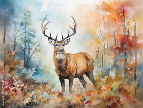 A deer in autumn forest calm and peacful in watercolor and acrylic style © amavi.her1717