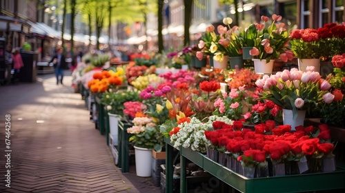 Flowers at a flower market in the city. Blurred background