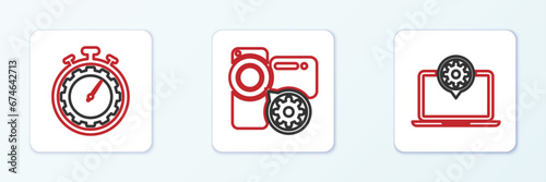 Set line Laptop setting, Time management and Video camera icon. Vector