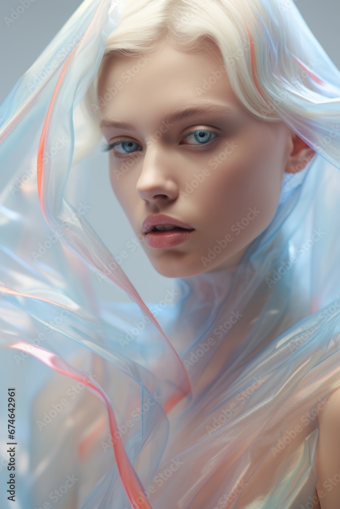photo of a beautiful stylish woman in intriguing abstract clothes on a light background. Style, beauty and fashion concept photo of a beautiful stylish woman in intriguing abstract clothes on a light background. Style, beauty and fashion concept