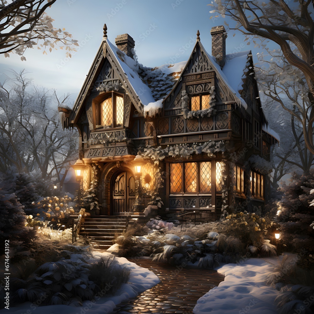 Winter landscape with a house in the forest at night, 3d render