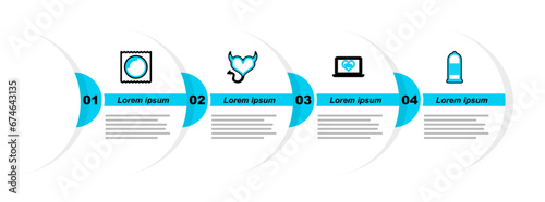 Set line Condom safe sex, Laptop with 18 plus content, Devil heart horns and in package icon. Vector