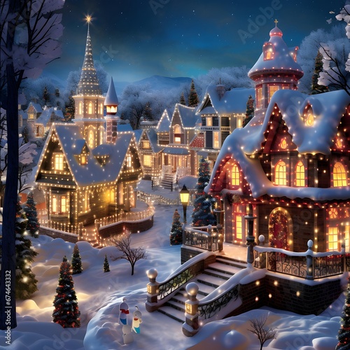 Christmas village with houses and trees in the snow at night. 3d rendering