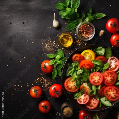 Healthy vegetarian salad making preparation with tomatoes on rustic background, top view, banner, copy space