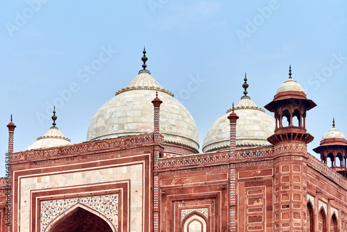 Close up Jawab Taj Mahal domes white marble mausoleum landmark in Agra, Uttar Pradesh, India