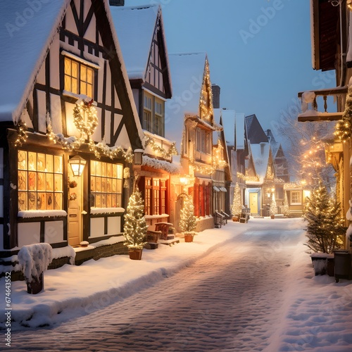 Beautiful wooden houses in the village in winter. Blurred background.