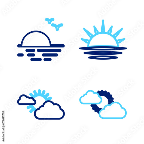 Set line Sun and cloud weather, Sunset and icon. Vector