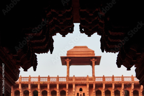 Decorative buildings and walls inside of Agra red fort in India, beautiful architecture elements