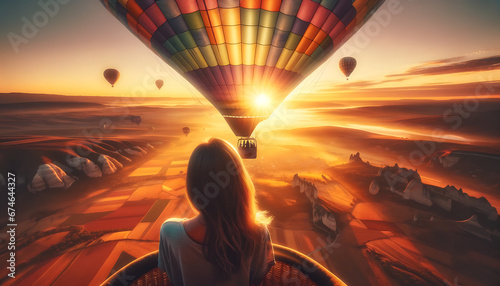 To where you are (A girl flying in a hot air balloon watching the sunset) Generative AI