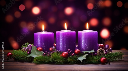 Advent Wreath with Burning Purple Candles  Symbolic Christmas Decor and Ceremony