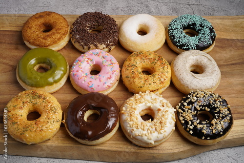 Donut with various flavor top view flat food photography