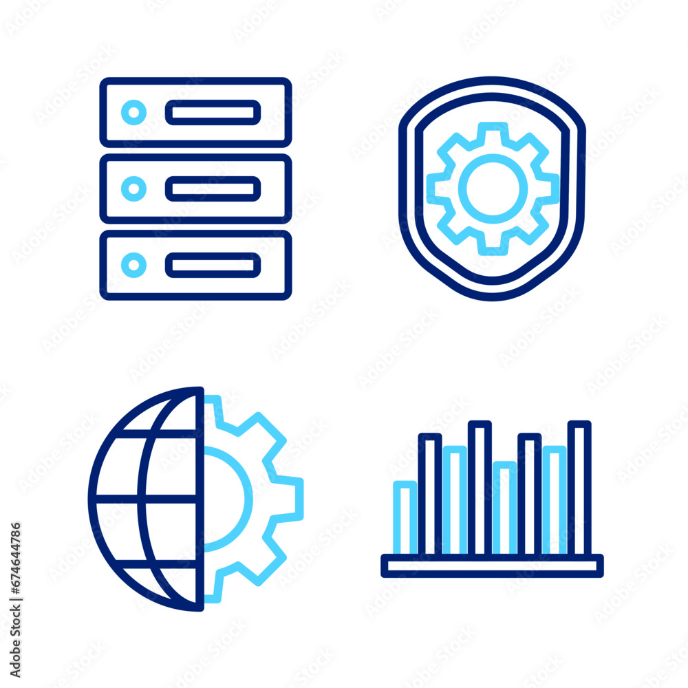 Set line Pie chart infographic, Globe of the Earth and gear, Shield with settings and Server, Data, Web Hosting icon. Vector Set line Pie chart infographic, Globe of the Earth and gear, Shield with settings and Server, Data, Web Hosting icon. Vector