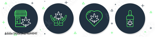 Set line Marijuana or cannabis leaf, in heart, Medical bottle with marijuana and olive oil icon. Vector