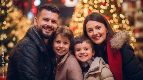 Christmas, family enjoys a happy day together in a store