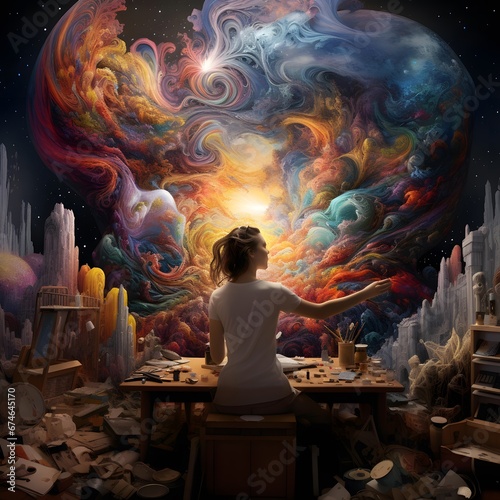 Woman sitting in front of a magic room full of stars and planets