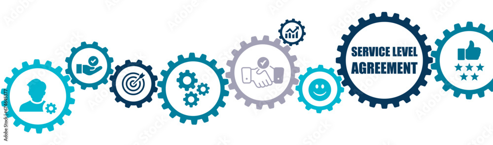 Service level agreement(SLA) banner vector illustration with the icons of service performance, customer in process, uncertainty, tracking on white background