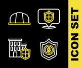 Set line Location shield, Shield with dollar, House and Worker safety helmet icon. Vector