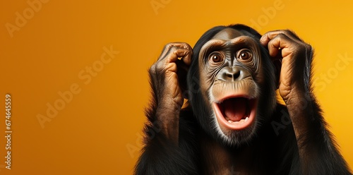 portrait of a monkey with expression a surprised face on a yellow background