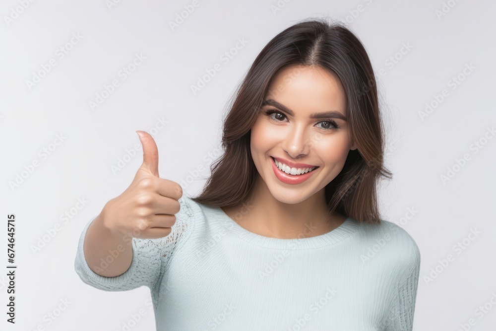 Portrait beautiful brunette model woman with with thumbs up on light background. Generative AI Portrait beautiful brunette model woman with with thumbs up on light background. Generative AI