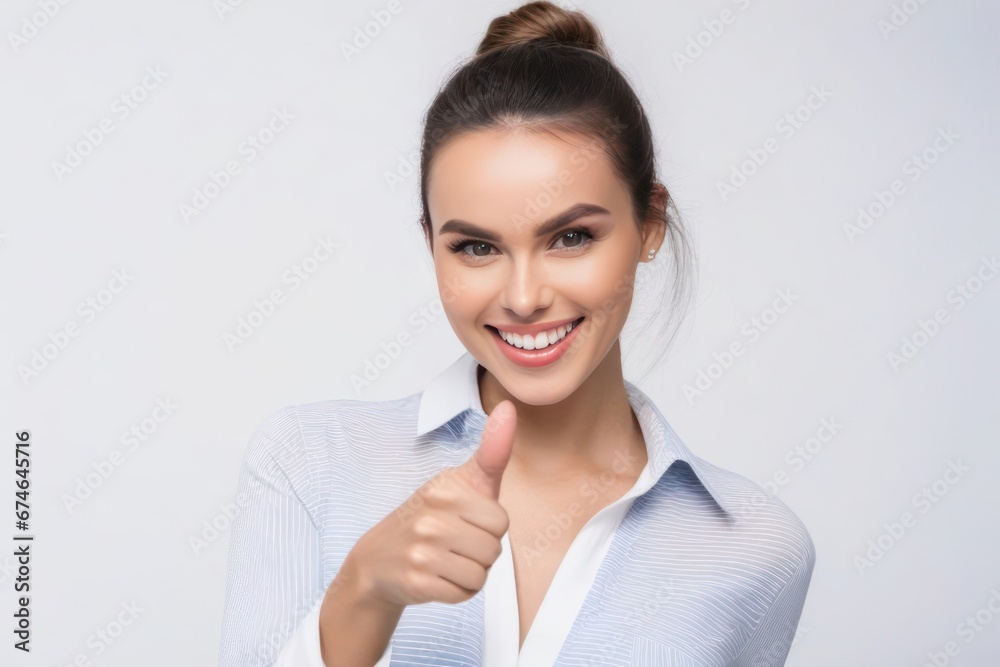 Portrait beautiful brunette model woman with with thumbs up on light background. Generative AI Portrait beautiful brunette model woman with with thumbs up on light background. Generative AI