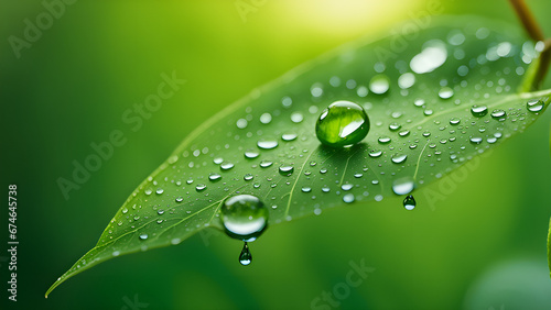 Large beautiful drops of transparent rain water on a green leaf macro. Drops of dew in the morning glow in the sun. Beautiful leaf texture in nature. Natural background