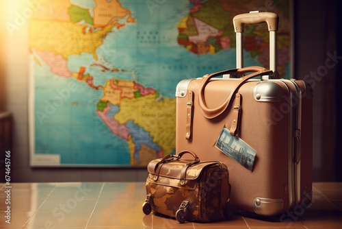 A suitcase and a signpost displaying travel destinations, symbolizing travel and adventure photo