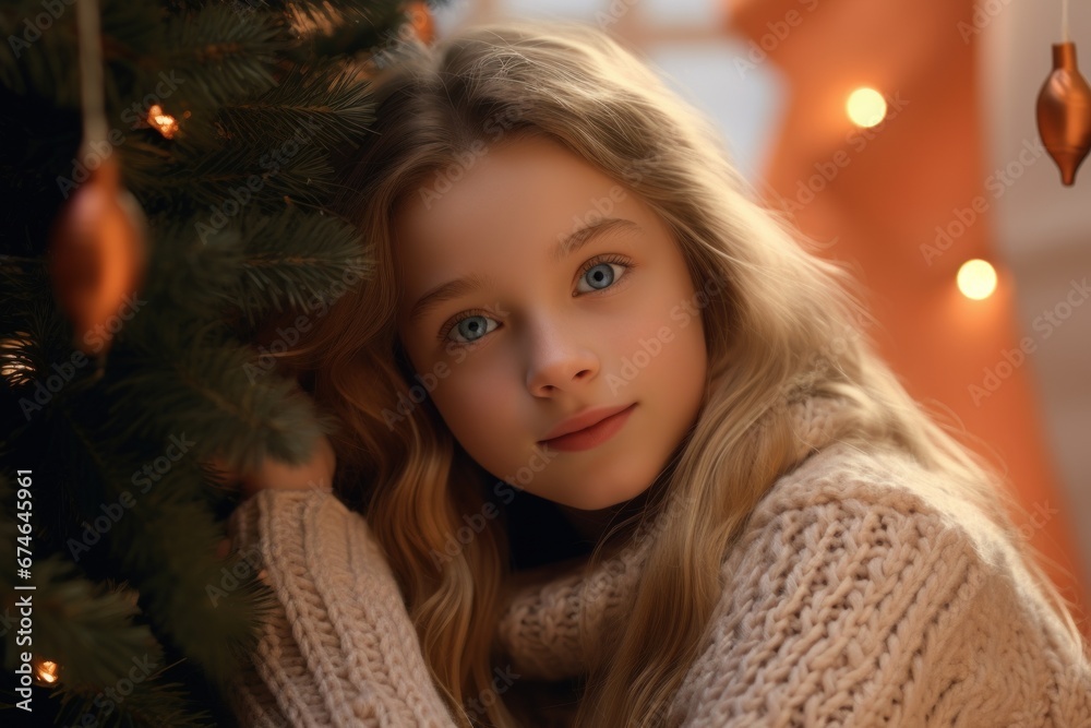 Cute smiling girl in a knitted sweater at the Christmas tree at home. Cozy homely atmosphere. Cute smiling girl in a knitted sweater at the Christmas tree at home. Cozy homely atmosphere.