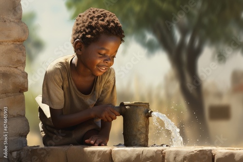 A happy poor African boy is getting clean drinking water. The problem of shortage of drinking water, drought, poverty. 