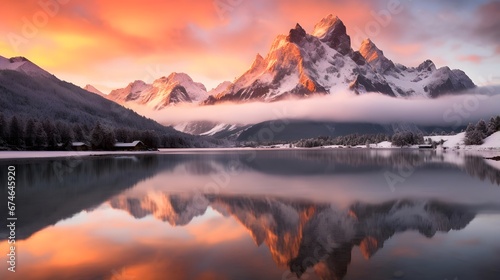 Panorama of snow-capped mountains reflected in lake at sunset