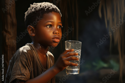A poor African boy with a glass of clean drinking water. The problem of shortage of drinking water, drought, poverty. photo