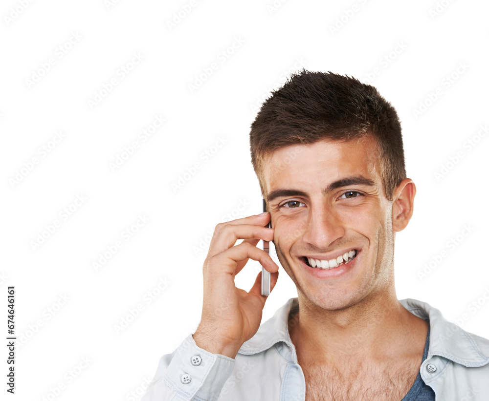 Happy man, portrait and phone call with space in studio for contact, mobile networking or conversation on white background. Face of model with smartphone for communication, feedback or chat at mockup Happy man, portrait and phone call with space in studio for contact, mobile networking or conversation on white background. Face of model with smartphone for communication, feedback or chat at mockup