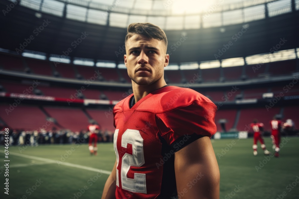 An American football player within an American football stadium