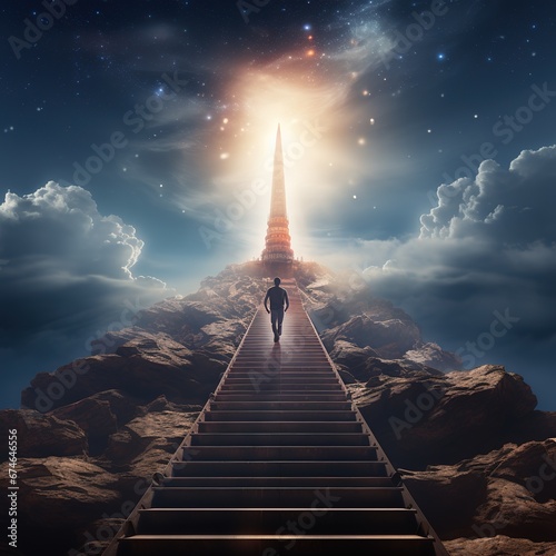 Mystical scene, a wanderer guy confidently walks along a surreal road and finds a magical staircase leading to a door to heaven. 
