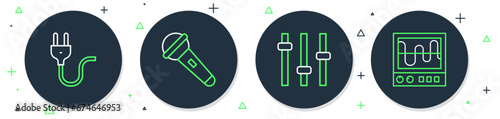 Set line Microphone, Music equalizer, Electric plug and Oscilloscope icon. Vector