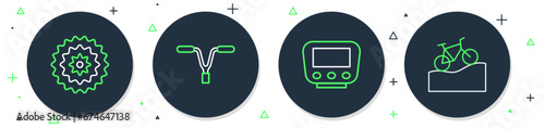 Set line Bicycle handlebar, speedometer, cassette and Mountain bicycle icon. Vector